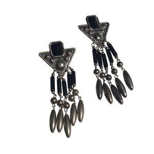 Vintage Long Dangle Earrings Black Silver Tone Geometric Western Jewelry Post